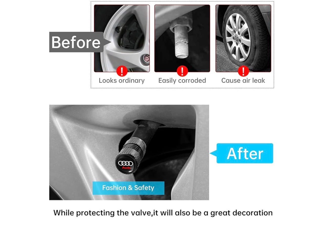 Audi Tire Valve Stem Cap Cover (Corrosion Resistant 4 Pack Black or Red)