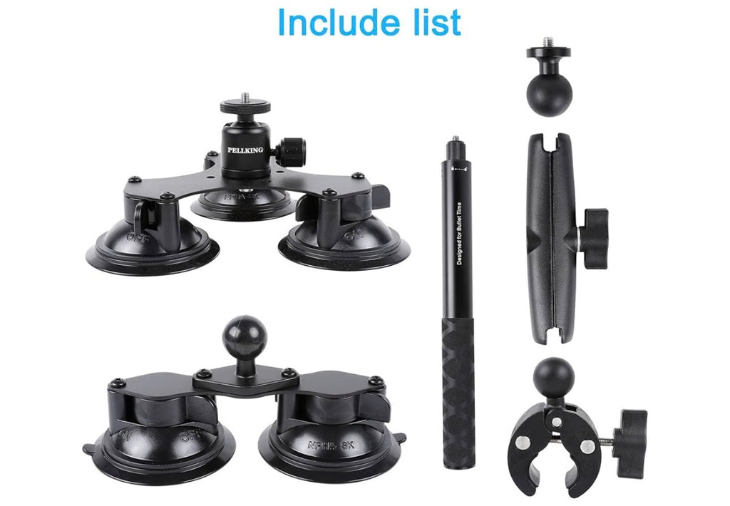 PellKing XL Suction Car Mount for Insta360 x5,x4, x3, x2, x,One RS,R Compatible with GoPro Max DJI OSMO 360 Camera 5 in 1 Suction Mount Kit for Action Cameras (Includes 44.9-inch Selfie Stick)